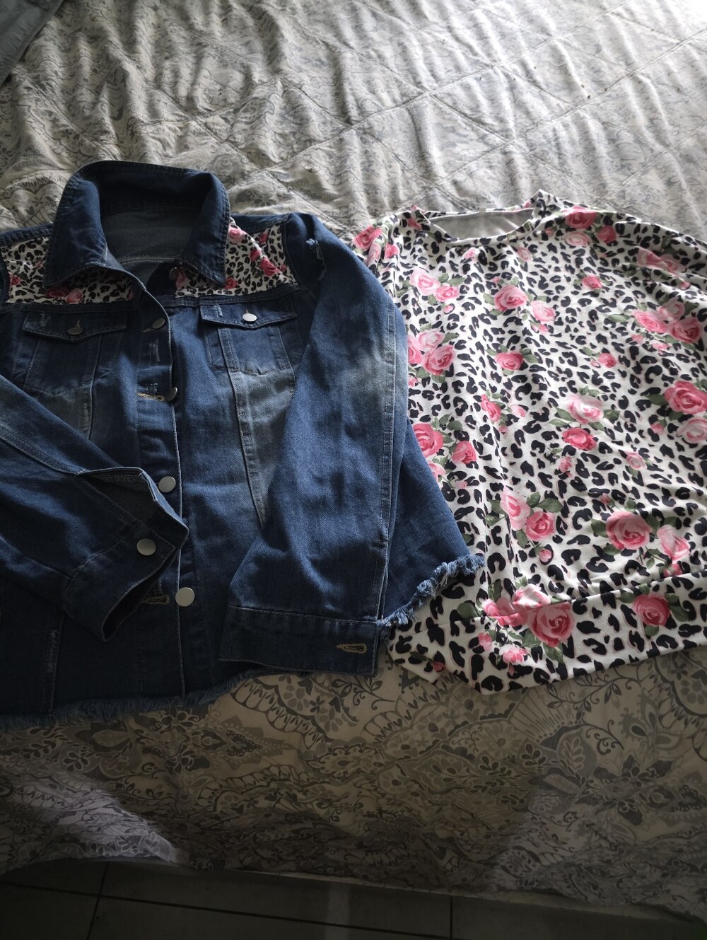 Denim Jacket & Floral Leopard Top Set - Blue and White with Pink Roses
